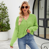 Cardigan tricoté à col en V et découpes ajourées, vêtement d'extérieur ample à manches longues, cardigan de couleur unie